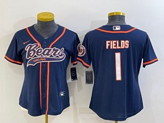 Chicago Bears #1 Justin Fields Navy With Patch Cool Base Stitched Baseball Jersey